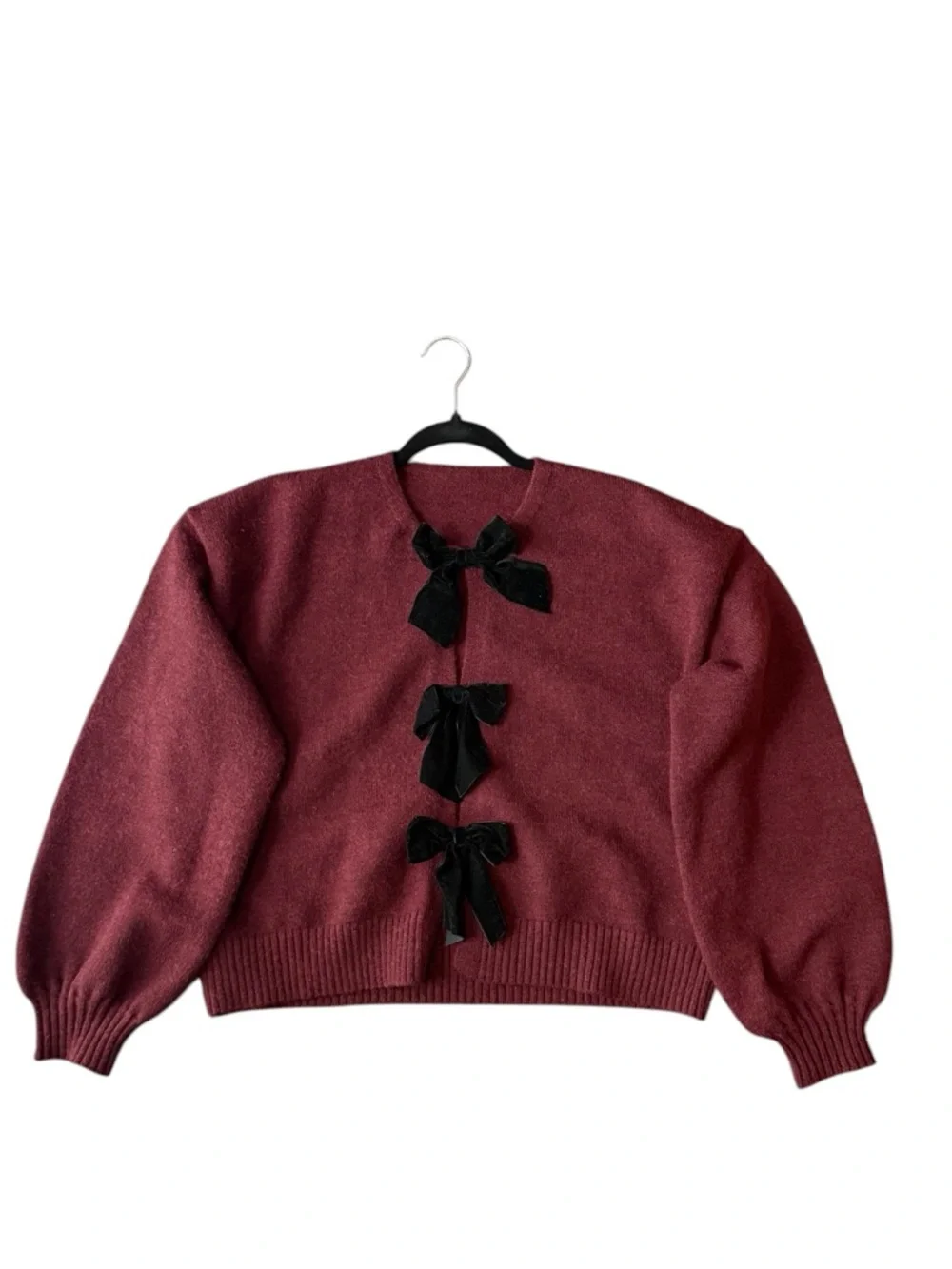 Commense Burgundy Velvet Bow Sweater Cropped Lantern Sleeve Coquette Romantic M - Picture 7 of 15